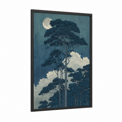 Moonlit Kauri framed kauri tree print — black wood frame — dark blue and cream palette