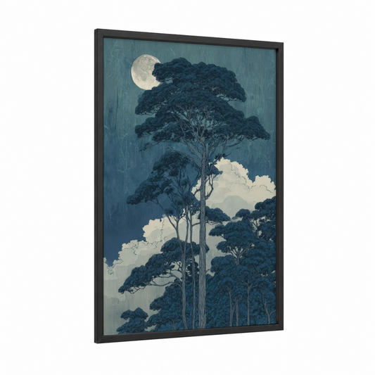 Moonlit Kauri framed kauri tree print — black wood frame — dark blue and cream palette