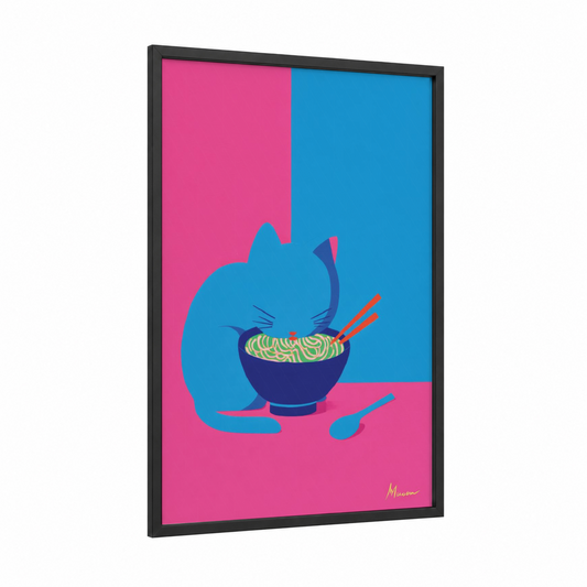 Noodle Cat framed art print — black wood frame — magenta and blue palette