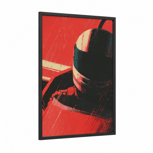 Crimson Racer framed auto racing print — black wood frame — red and black palette