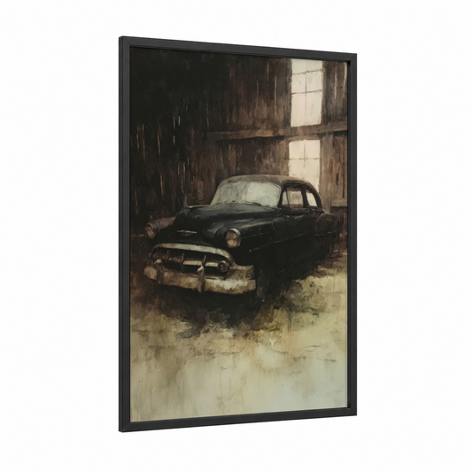 Abandoned Classic framed classic car print — black wood frame — black and white and brown palette