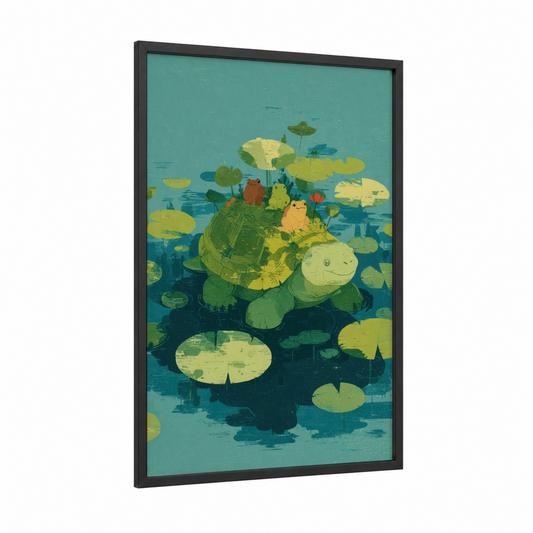 Lily Pad Turtle framed art print — black wood frame — teal and light green palette