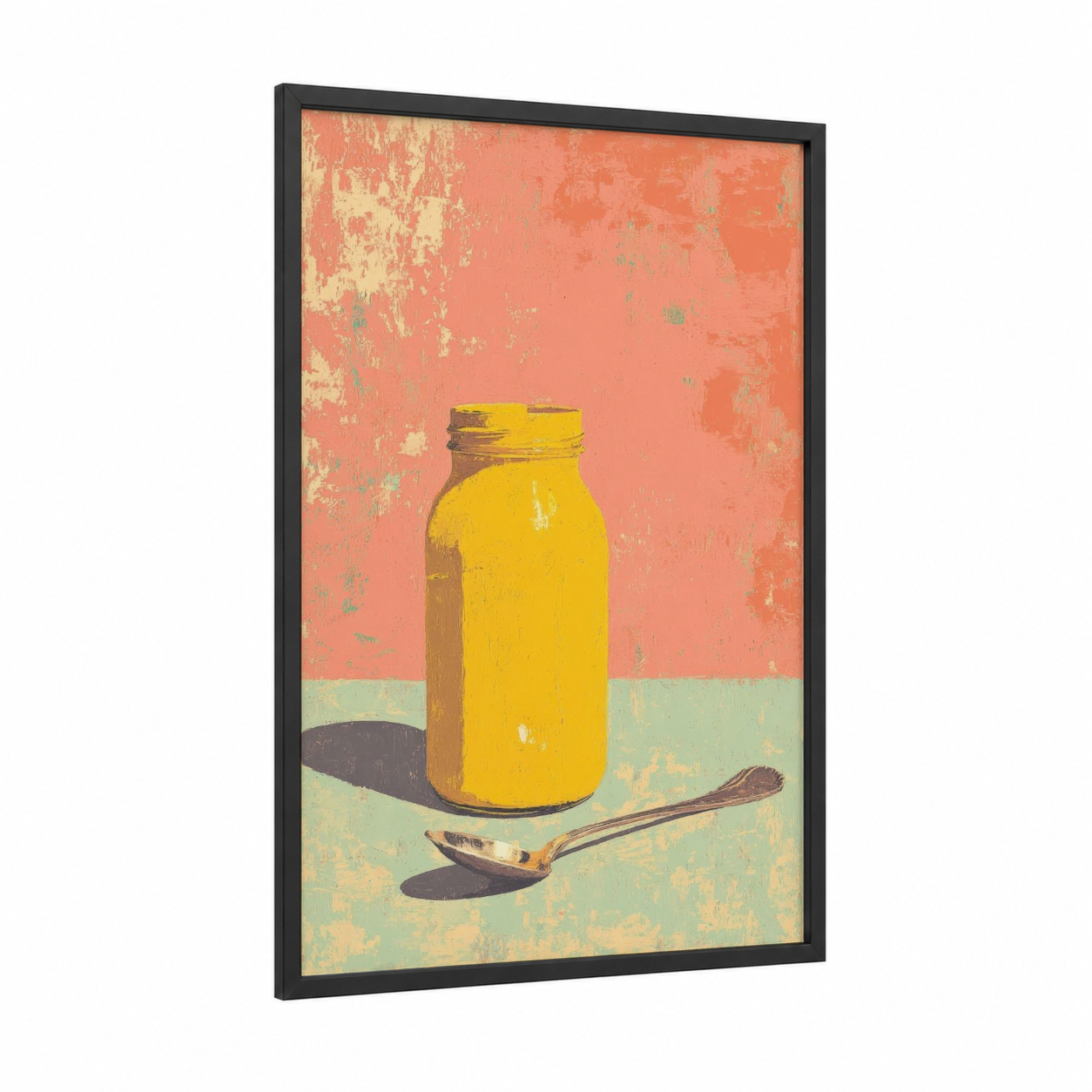 Golden Condiment Jar framed condiments print — black wood frame — gold and peach palette
