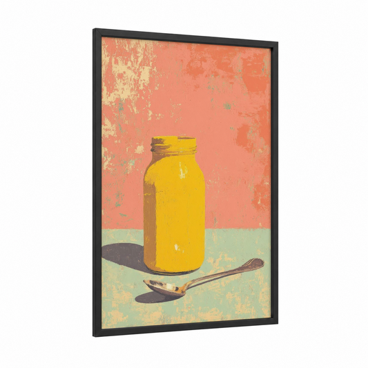 Golden Condiment Jar framed condiments print — black wood frame — gold and peach palette