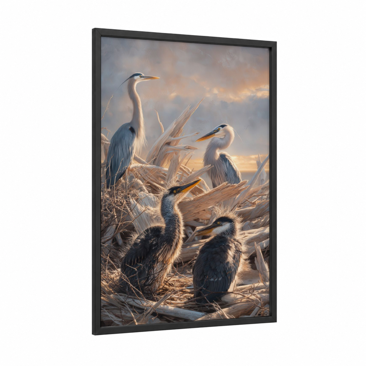 Golden Hour Herons framed art print — black wood frame — gold and gray and white palette