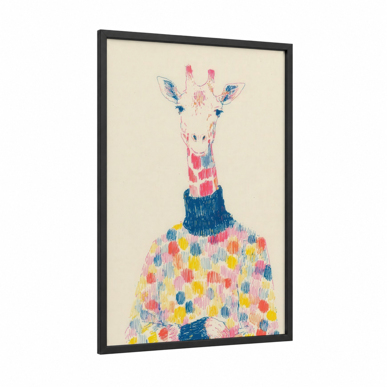 Colorful Giraffe Portrait framed fashion illustration print — black wood frame — pink and blue and yellow palette