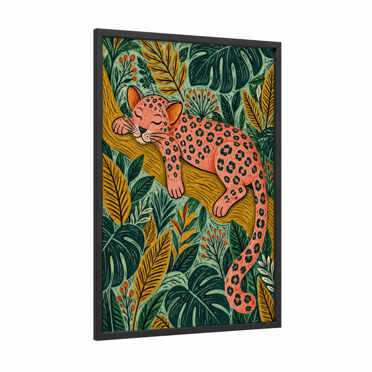 Resting Leopard Tropical Jungle Wall Art framed art print — black wood frame — peach and true green palette