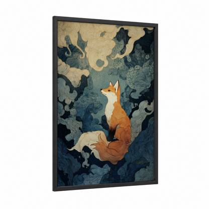 Celestial Fox framed art print — black wood frame — blue and gold palette