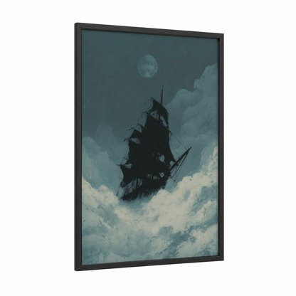 Moonlit Galleon framed dark fantasy print — black wood frame — blue and white and dove gray palette