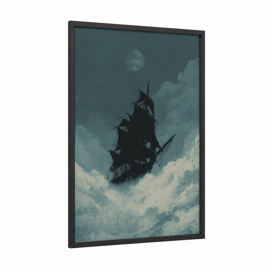 Moonlit Galleon framed dark fantasy print — black wood frame — blue and white and dove gray palette