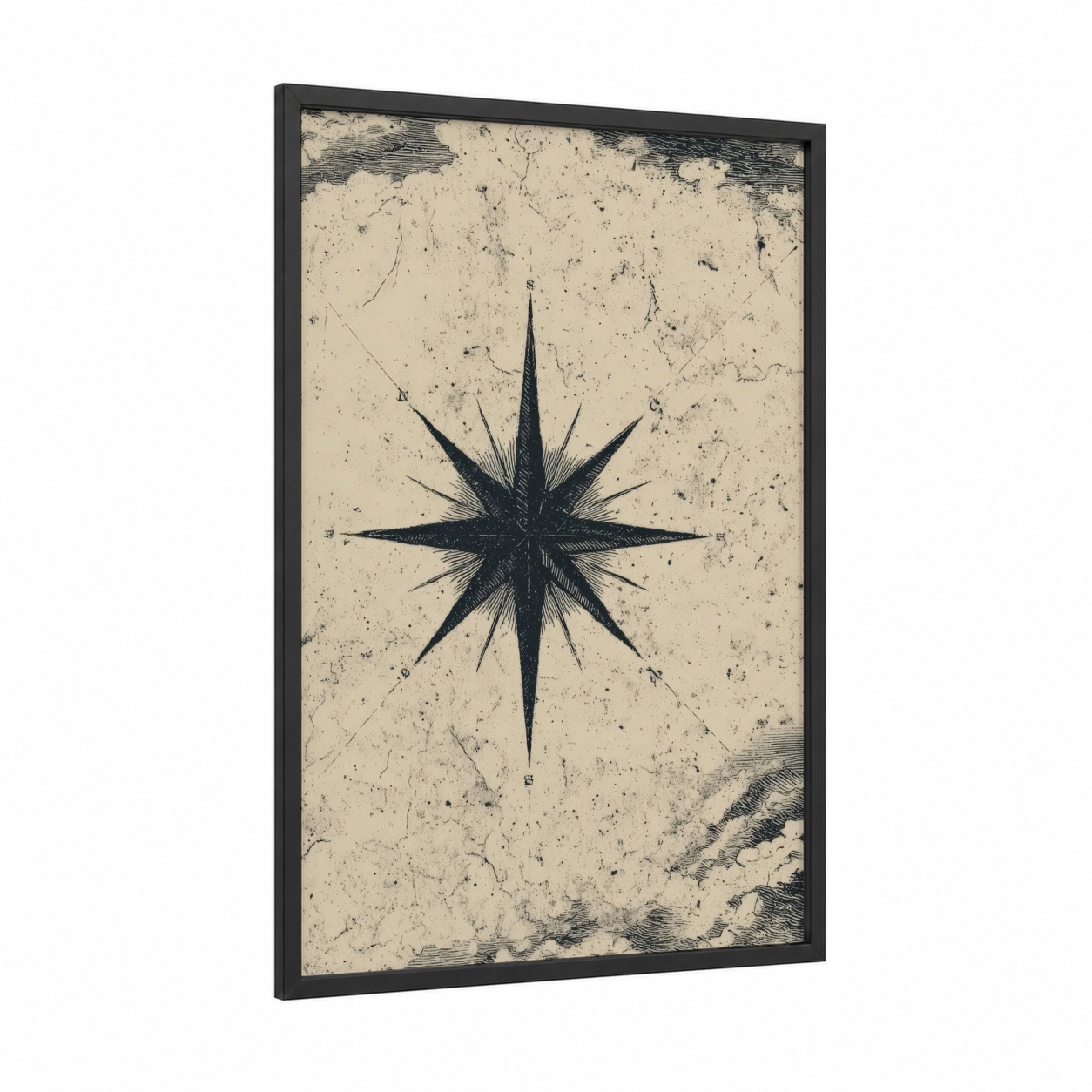 Vintage Navigation Star framed art print — black wood frame — black and white and cream palette