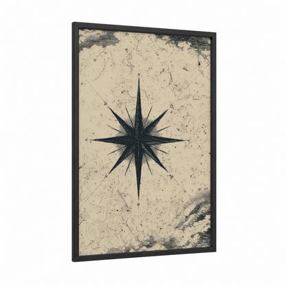 Vintage Navigation Star framed art print — black wood frame — black and white and cream palette