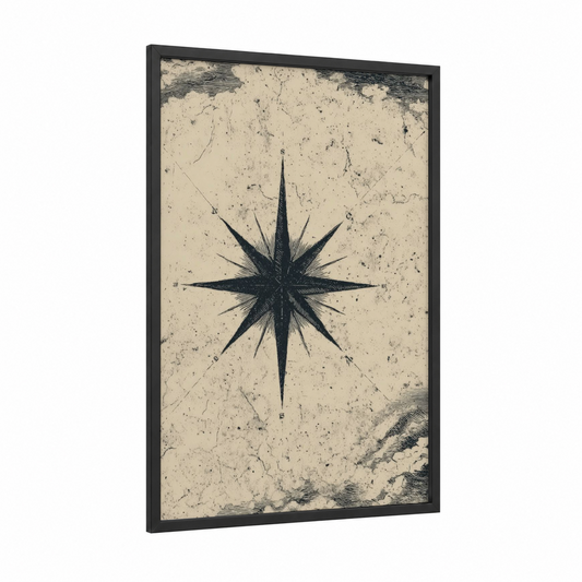 Vintage Navigation Star framed art print — black wood frame — black and white and cream palette