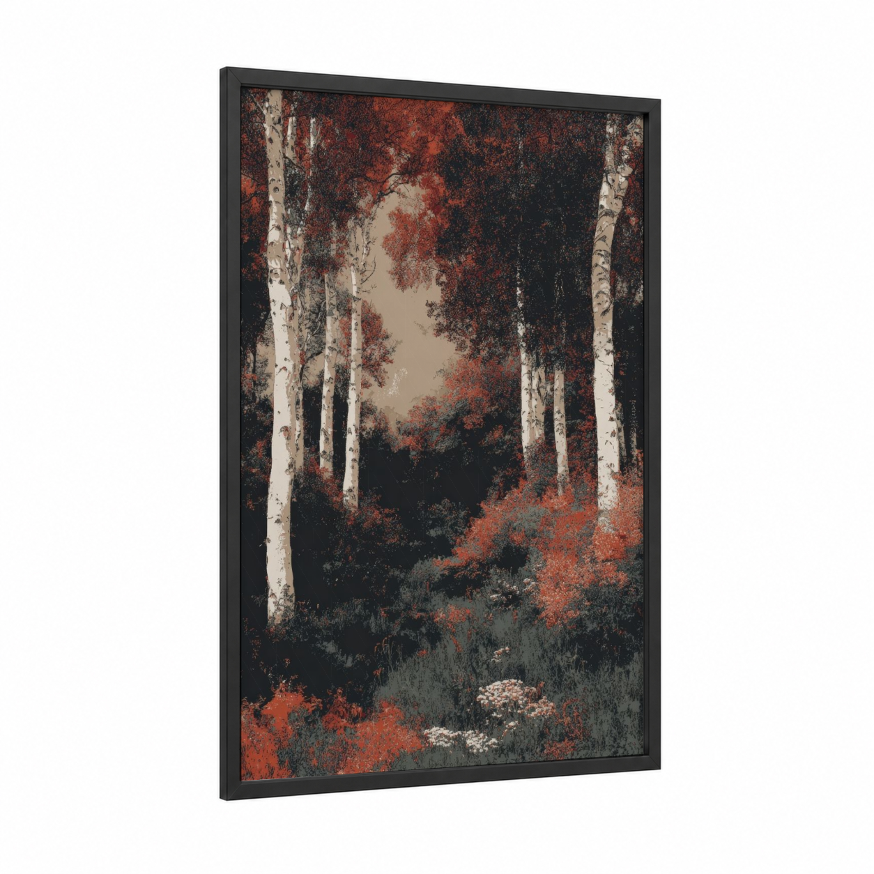 Autumn Birch Forest framed art print — black wood frame — red and cream palette