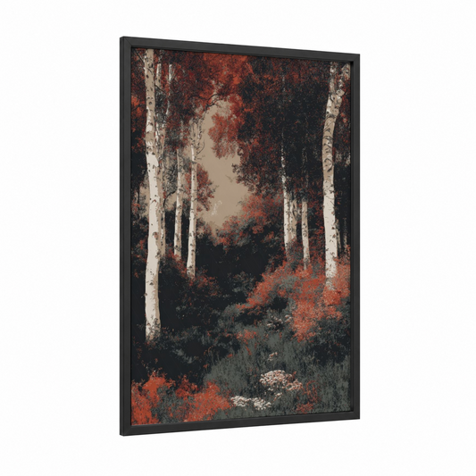 Autumn Birch Forest framed art print — black wood frame — red and cream palette