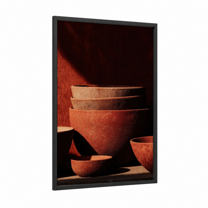 Rustic Terracotta Bowls framed kitchen utensils print — black wood frame — russet and gold palette