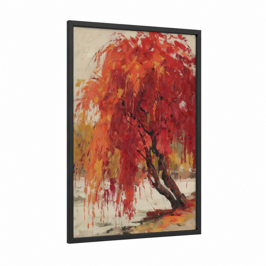 Crimson Willow Cascade framed willow tree print — black wood frame — red and gold palette