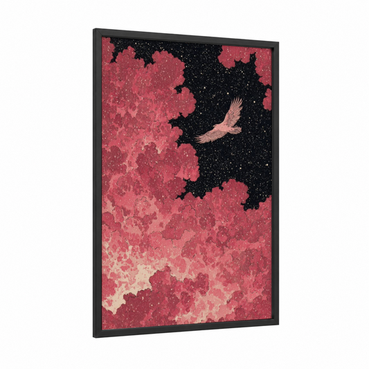 Cosmic Flight framed space print — black wood frame — magenta and black palette