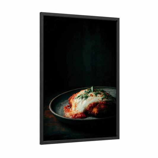 Roasted Chicken Elegance framed poultry print — black wood frame — red and dove gray palette