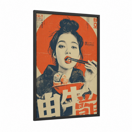 Retro Makeup Ad framed vintage japanese ads print — black wood frame — orange and black and white palette