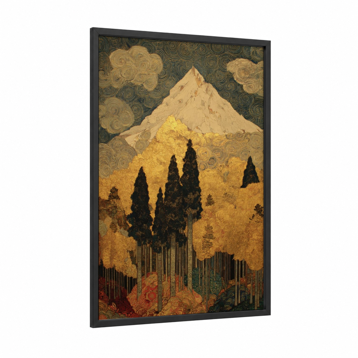 Golden Summit framed mount everest print — black wood frame — gold and black palette