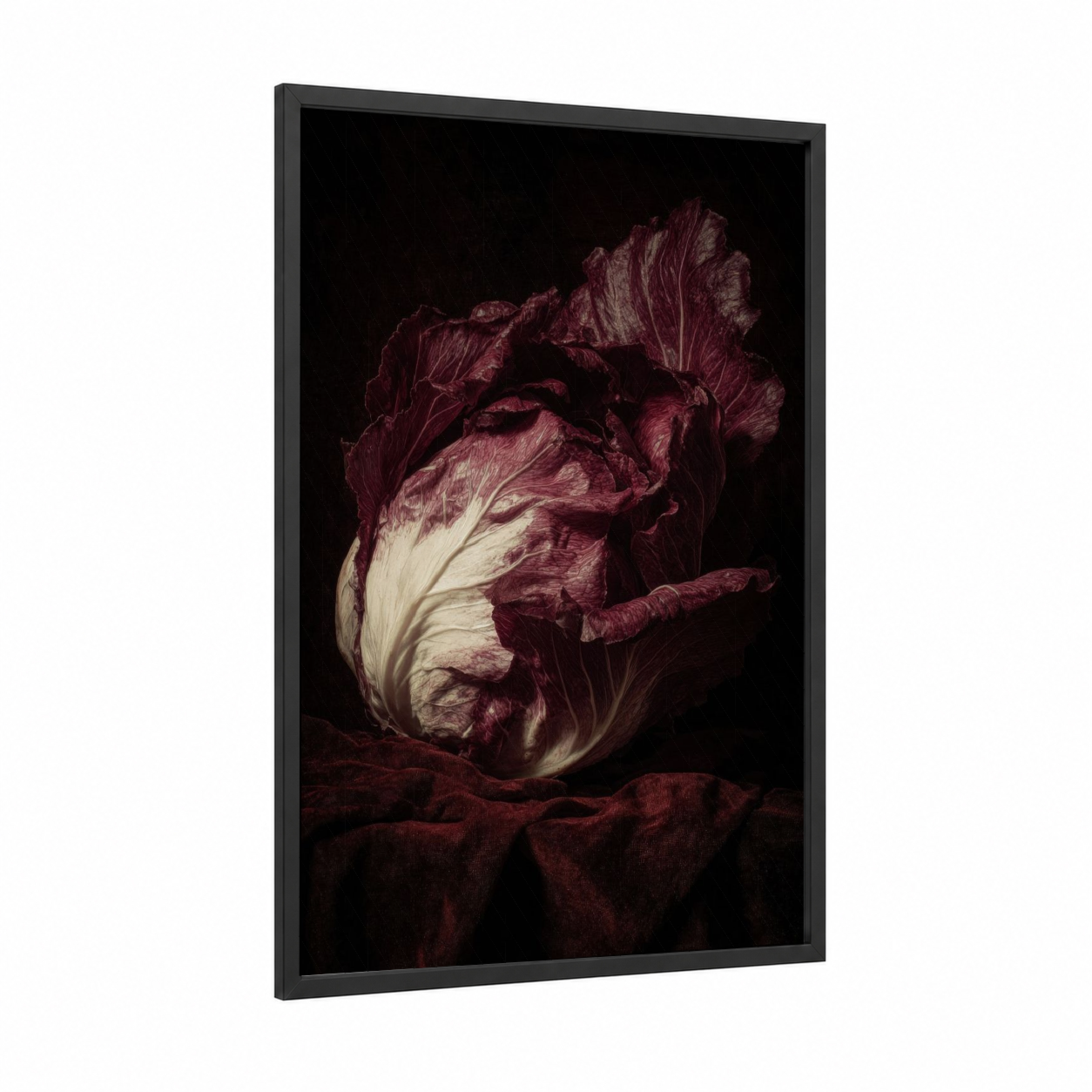 Crimson Cabbage framed vegetable print — black wood frame — maroon and cream palette