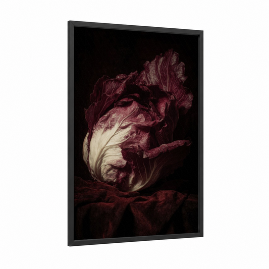 Crimson Cabbage framed vegetable print — black wood frame — maroon and cream palette
