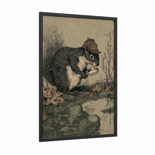 Detective Squirrel framed art print — black wood frame — gray and beige palette