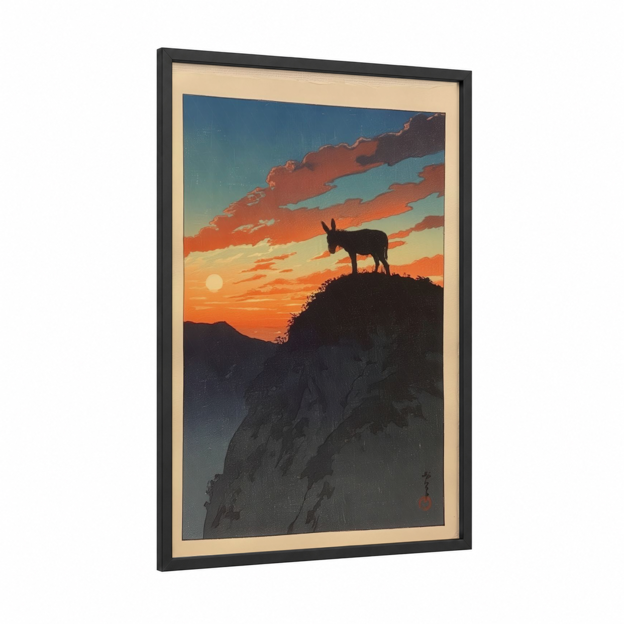 Sunset Donkey framed art print — black wood frame — orange and black and gold palette