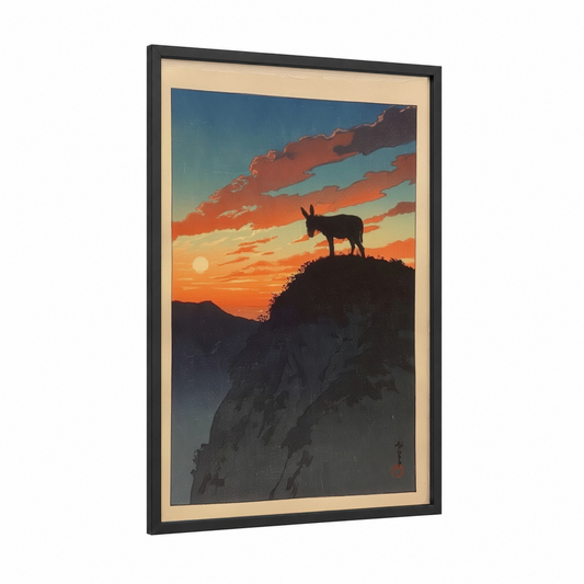 Sunset Donkey framed art print — black wood frame — orange and black and gold palette