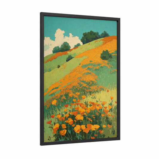 Golden Poppy Field framed flower field print — black wood frame — orange and green palette