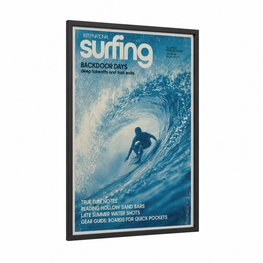 Vintage Surfing Magazine Cover Wall Art framed water surfing print — black wood frame — blue and turquoise palette