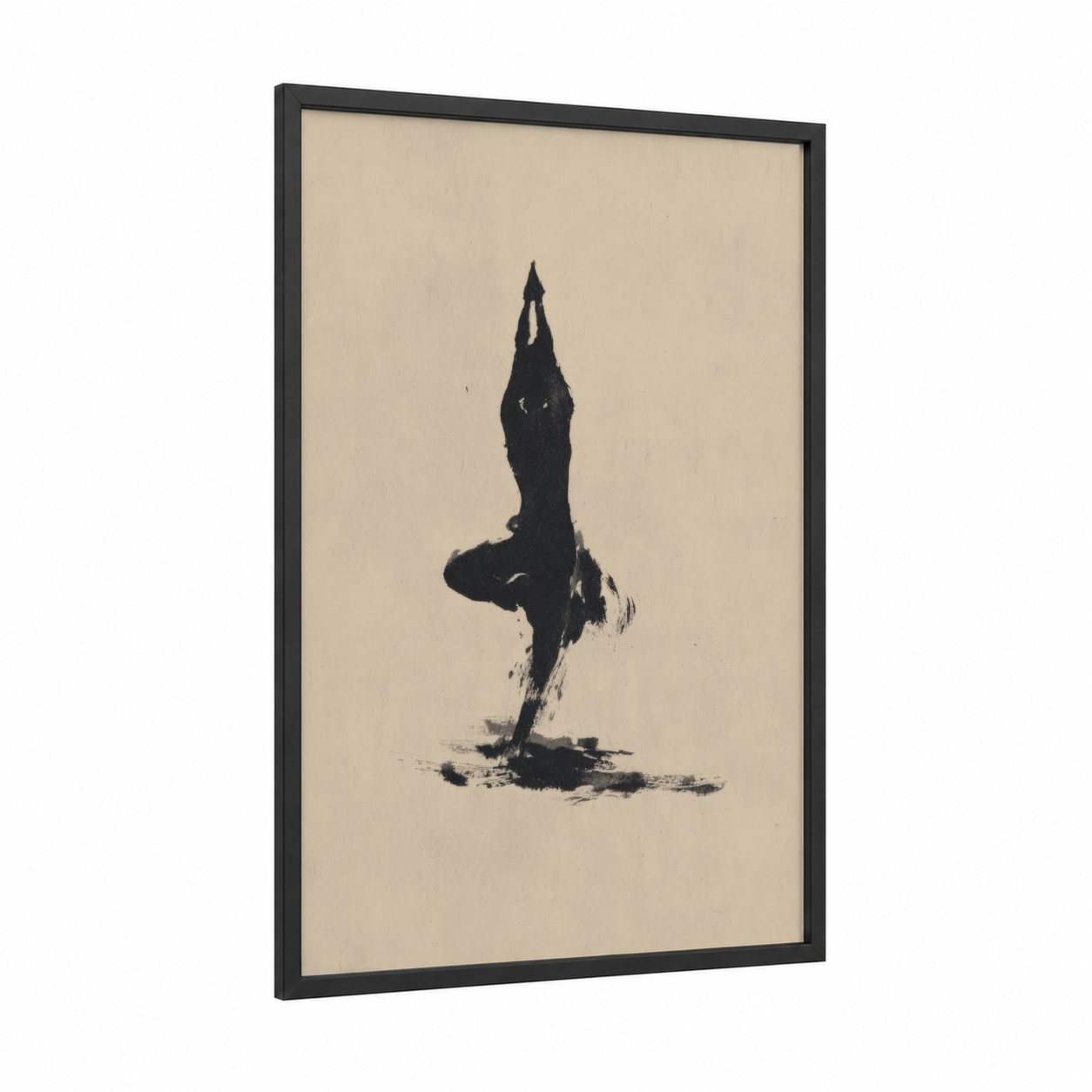 Tree Pose Silhouette framed yoga print — black wood frame — black and cream palette