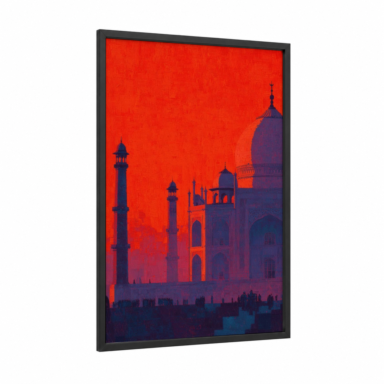 Crimson Taj Mahal framed art print — black wood frame — red and gold palette