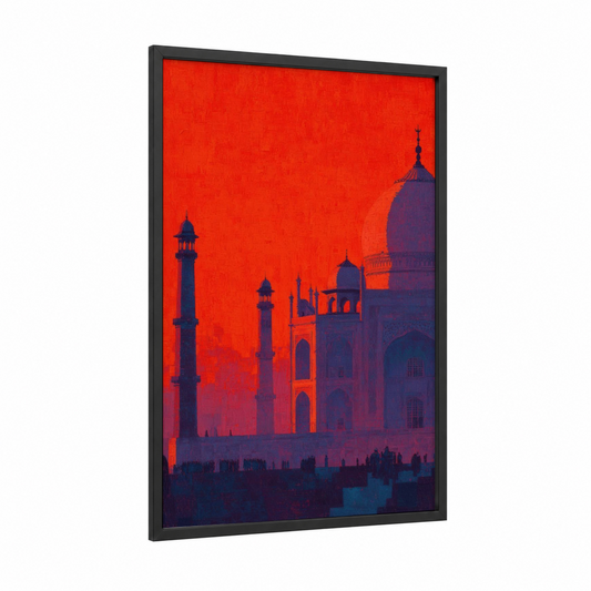 Crimson Taj Mahal framed art print — black wood frame — red and gold palette