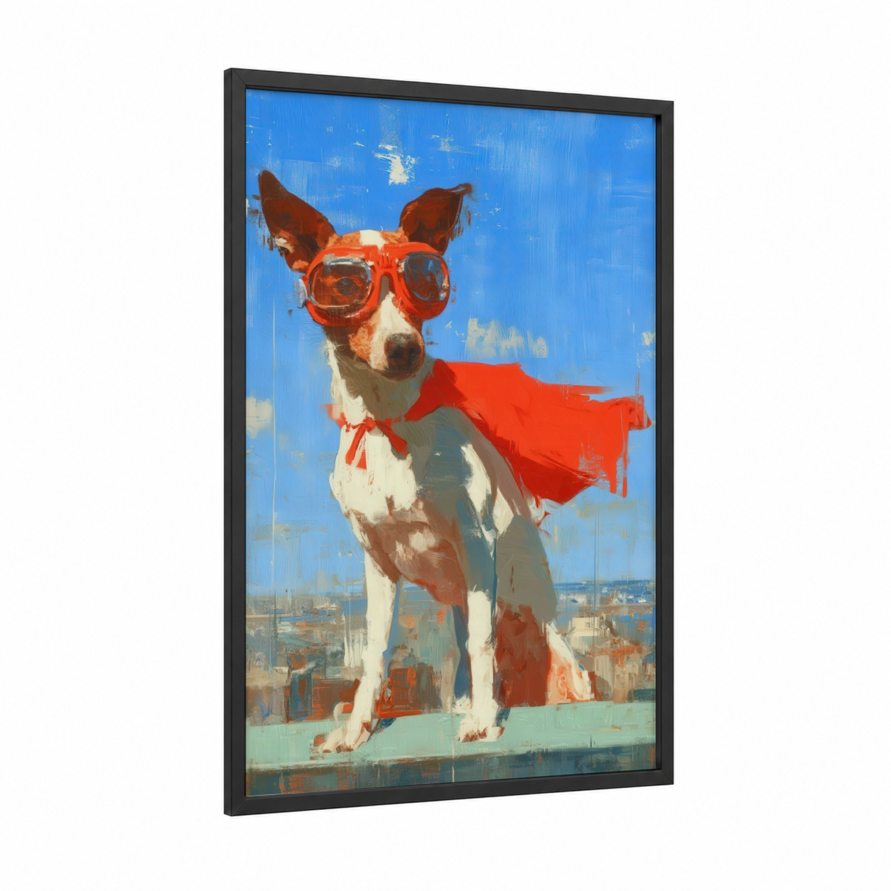 Superhero Terrier framed art print — black wood frame — red and blue palette