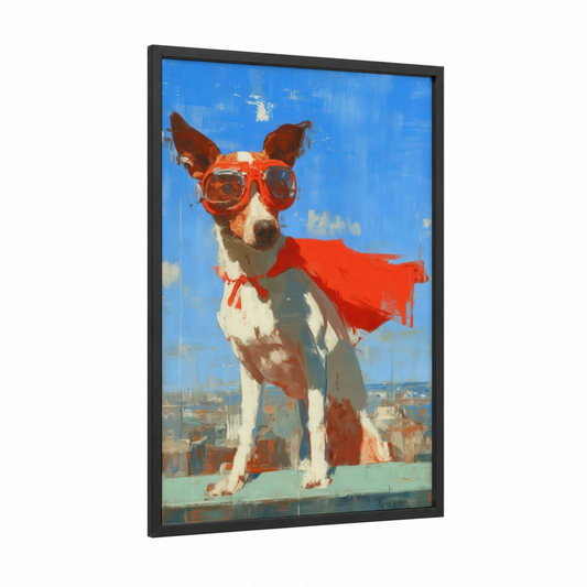 Superhero Terrier framed art print — black wood frame — red and blue palette