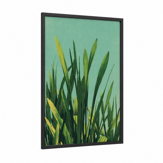 Verdant Grass Blades framed art print — black wood frame — light green and yellow gold palette