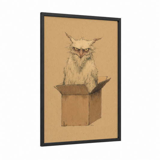 Grumpy Griffin Box framed art print — black wood frame — beige and brown palette