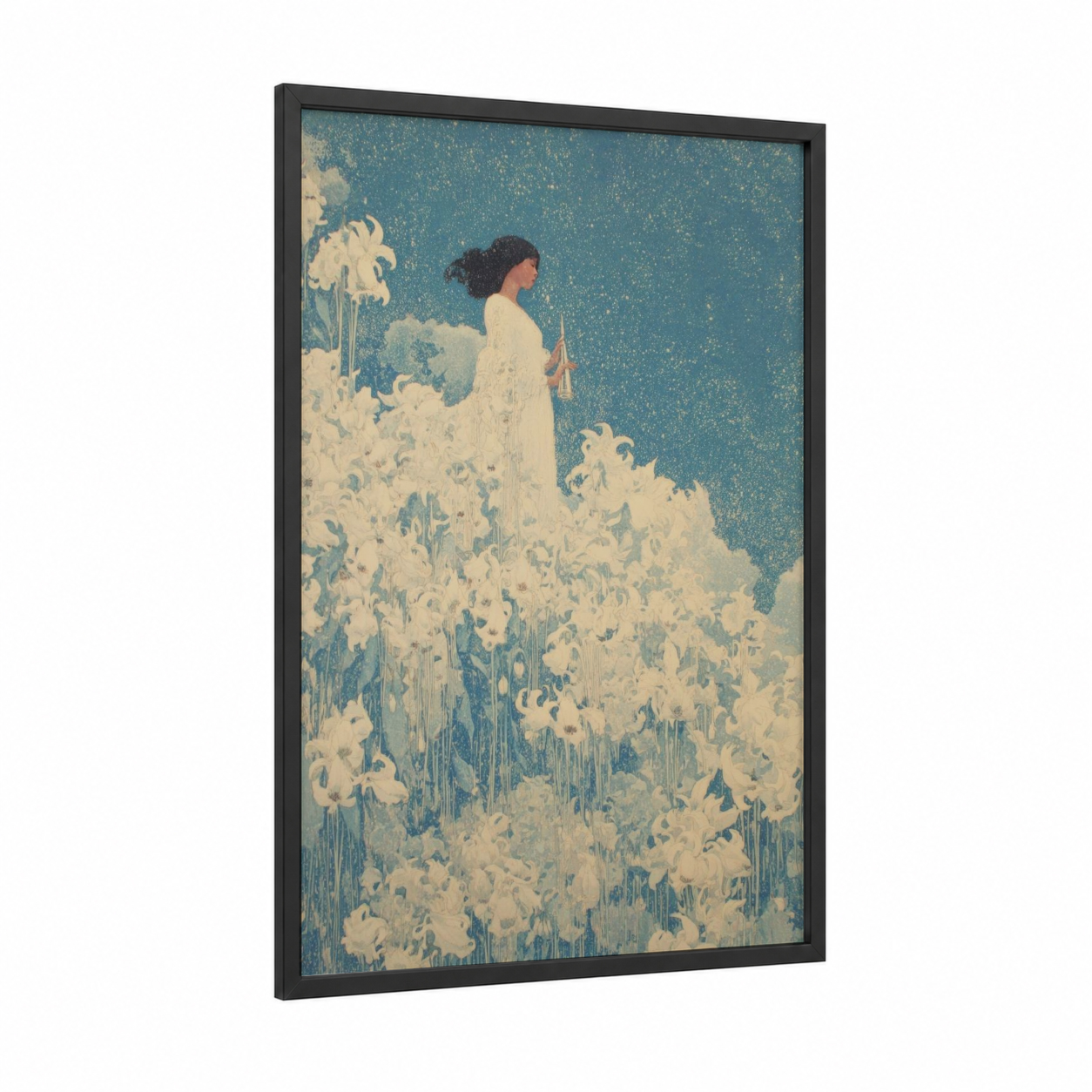 Starlit Virgo framed art print — black wood frame — teal and cream palette