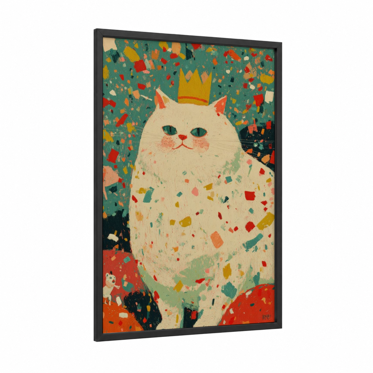 Regal Celebration Cat framed mardi gras print — black wood frame — teal and gold palette