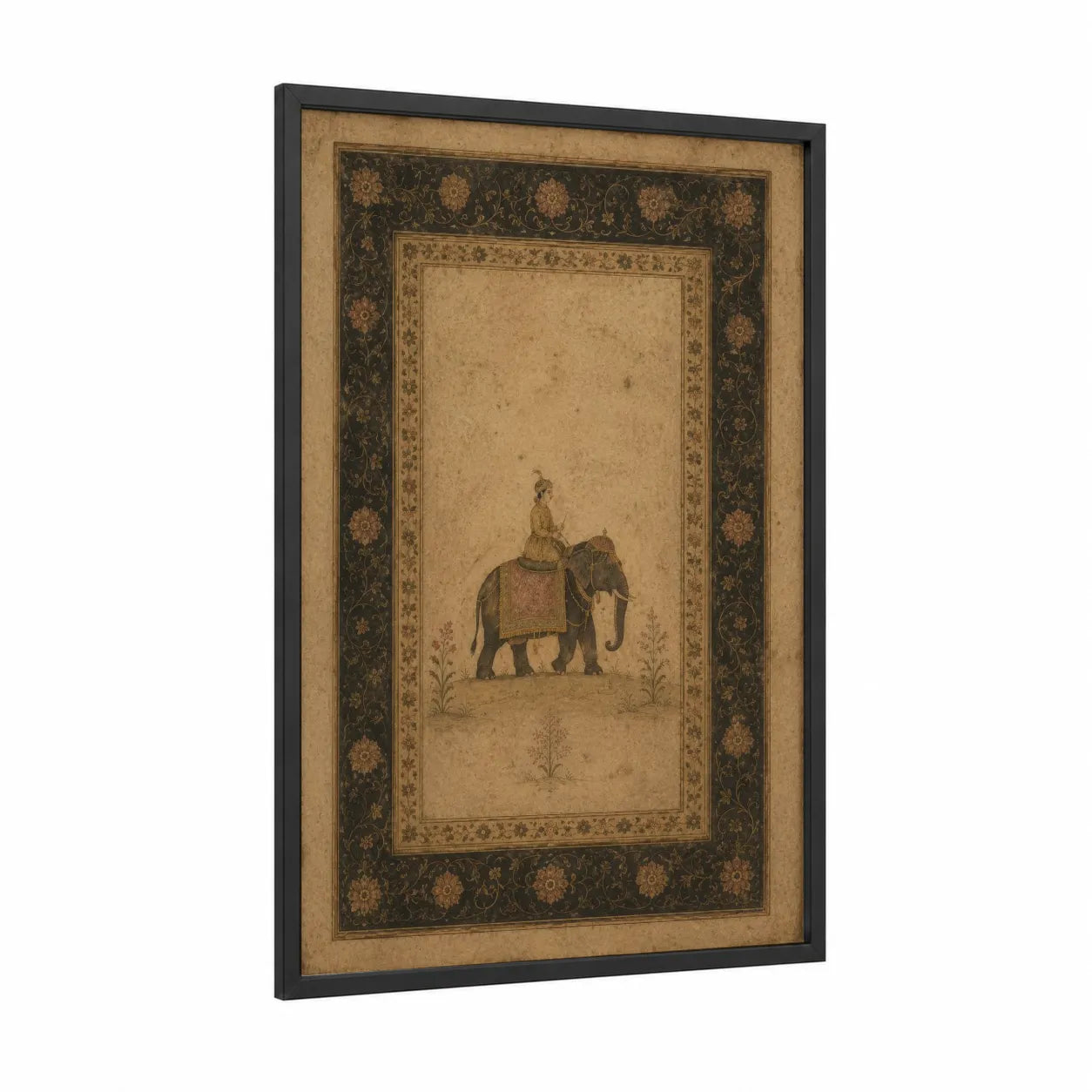 Asian Elephant Rider Heritage Wall Art framed art print — black wood frame — beige and espresso palette