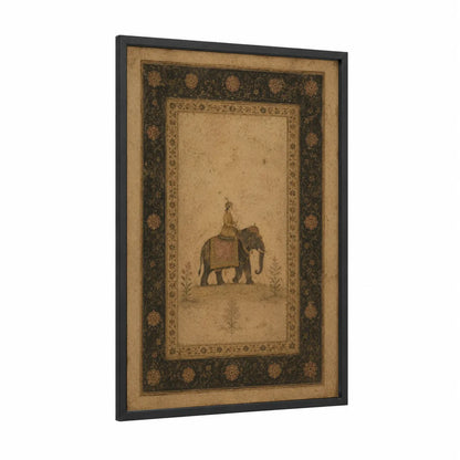 Asian Elephant Rider Heritage Wall Art framed art print — black wood frame — beige and espresso palette