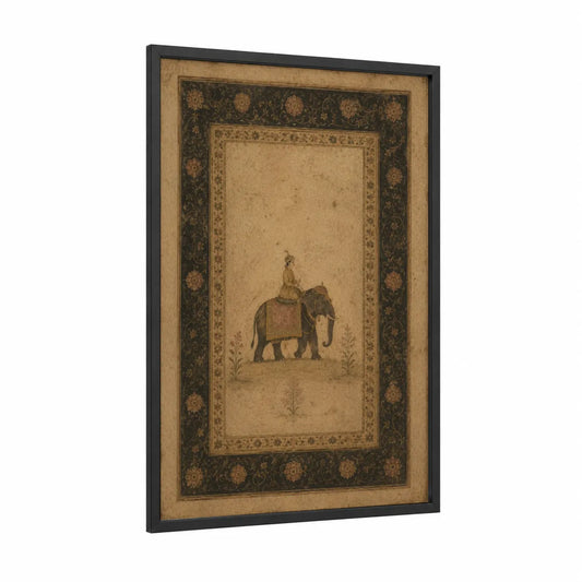 Asian Elephant Rider Heritage Wall Art framed art print — black wood frame — beige and espresso palette
