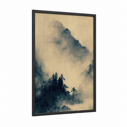 Misty Mountain Peak framed art print — black wood frame — cream and gray and white palette