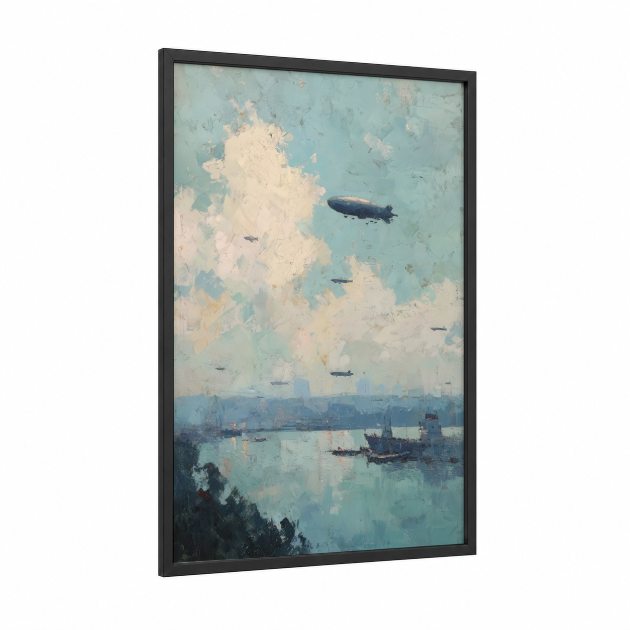 Skyline Airship framed art print — black wood frame — blue and cream palette