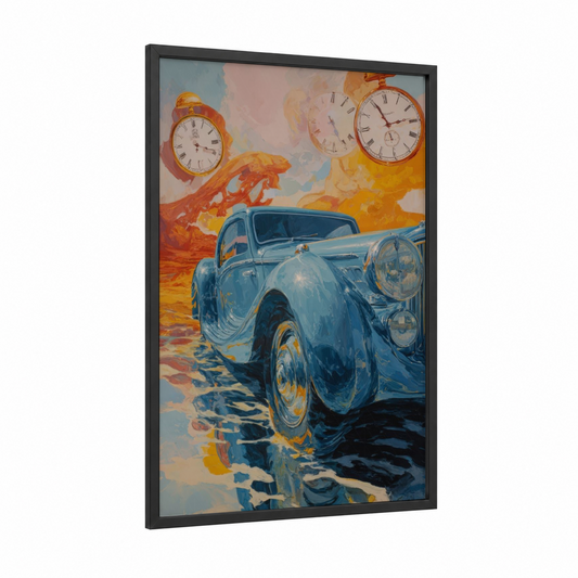 Dali's Classic framed classic car print — black wood frame — blue and gold palette