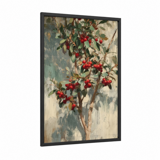 Crimson Arbutus framed arbutus tree print — black wood frame — red and sage green palette