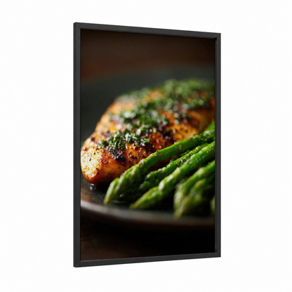 Herb-Crusted Chicken framed poultry print — black wood frame — gold and dark green palette