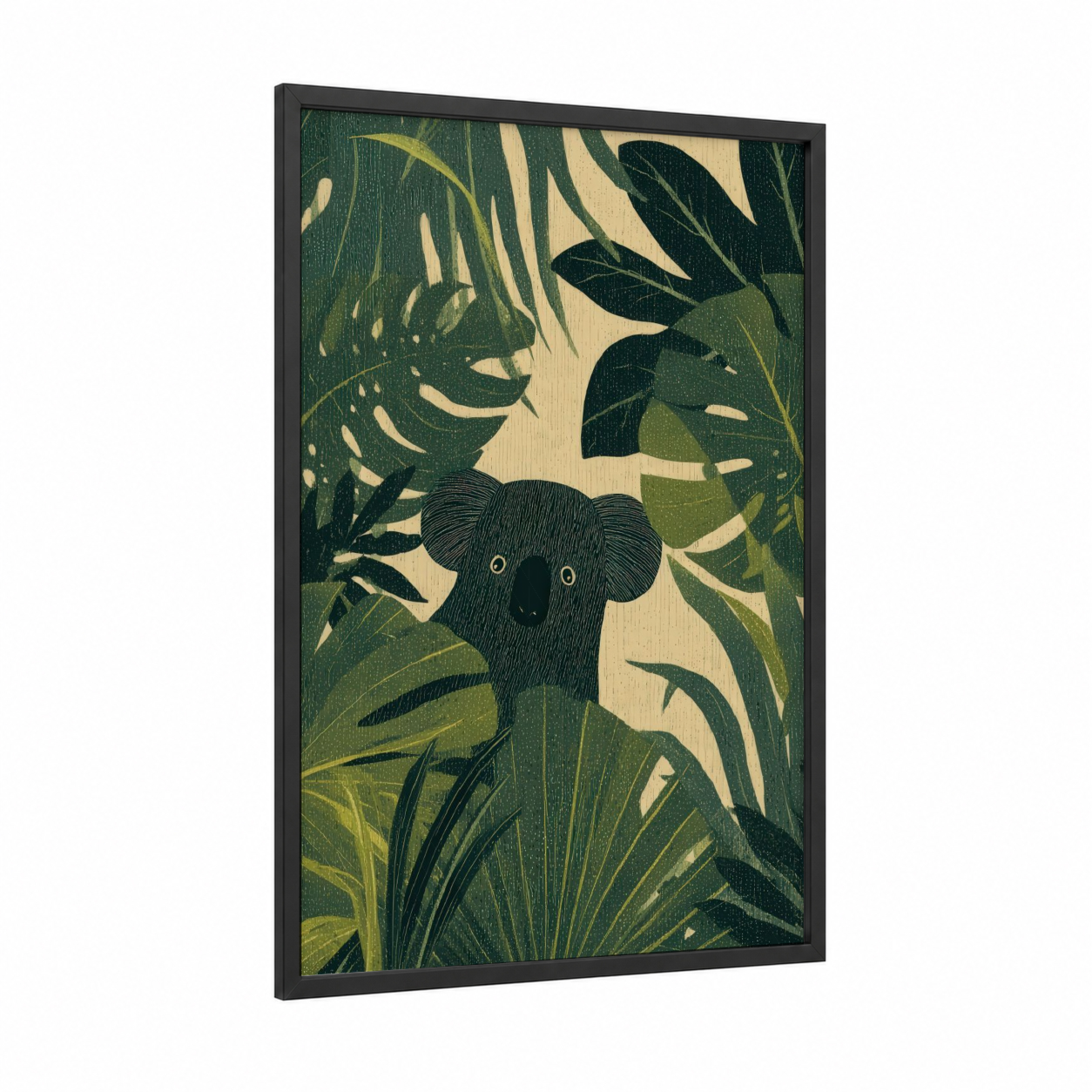 Jungle Koala framed art print — black wood frame — dark green and cream palette